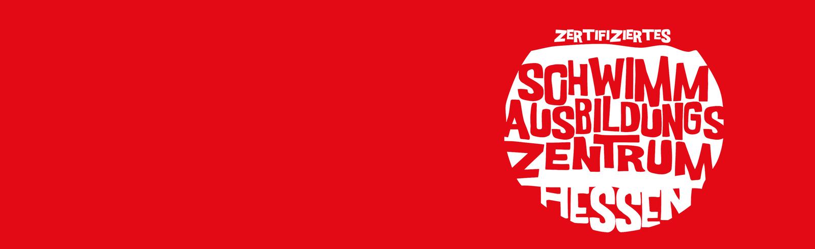 Logo des Schwimmausbildungszentrums Hessen auf rotem Hintergrund mit kreativ angeordneter Schrift.