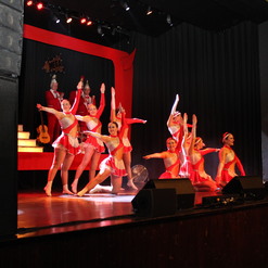 Tanzgruppe in roten Kost&uuml;men f&uuml;hrt eine Choreographie auf einer B&uuml;hne mit Scheinwerfern und Publikum im Hintergrund auf.