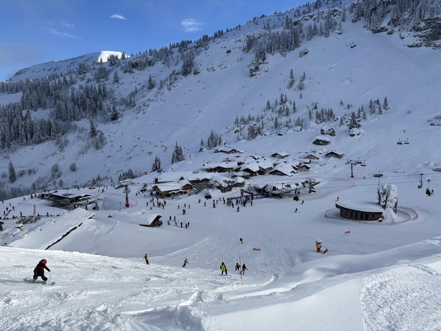Panorama eines schneebedeckten Skigebiets mit Skifahrern und Hütten unter blauem Himmel.