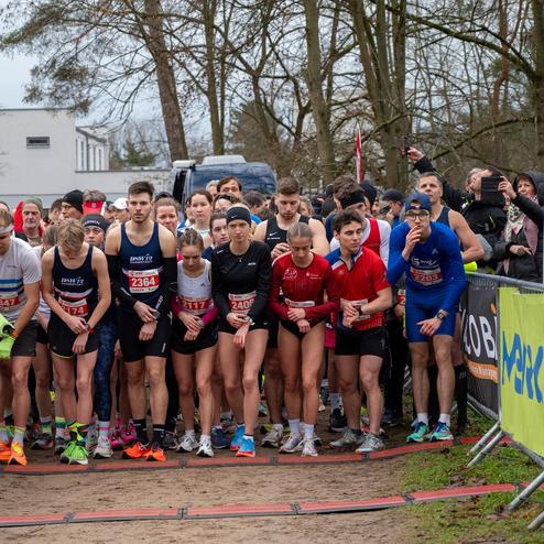 Gruppe von Läufern in Wettkampfkleidung an der Startlinie eines Rennens, umgeben von Zuschauern und Bäumen.