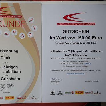 Urkunde und Gutschein im Wert von 150 Euro für eine Ausbildung des Hessischen Leichtathletik-Verbandes, 17.04.2023.