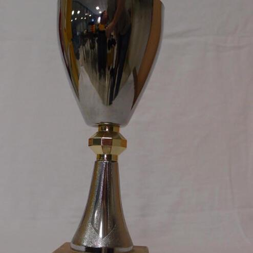 Silberner Pokal mit Holzsockel, beschriftet mit „25 Jahre Sportkegeln TuS Griesheim Mannschaften 3. Sieger“.