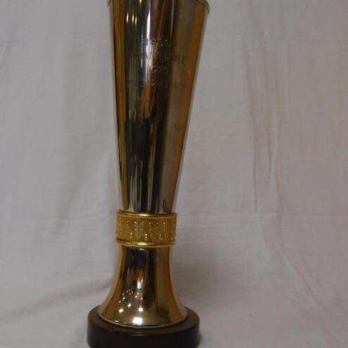 Goldener Pokal mit flachem Deckel, graviert, auf einem runden Holzsockel, vor einem weißen Hintergrund.