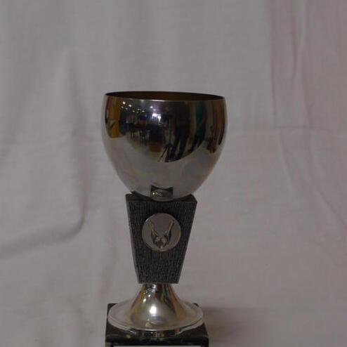 Silberner Pokal auf schwarzem Sockel, beschriftet mit "Hüteisen Pokal 1987 SKV Pfungstadt 3. Platz".