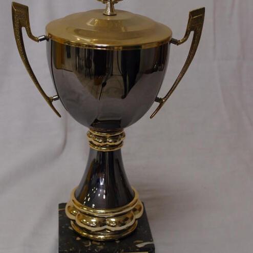 Trophäe mit goldenen Akzenten auf schwarzem Sockel, beschriftet mit „KVD CLUBMEISTER 1995“.