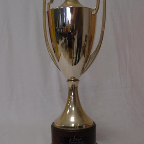 Silberne Pokal-Trophäe mit goldenem Deckel und gravierter Plakette auf einem schwarzen Fuß.