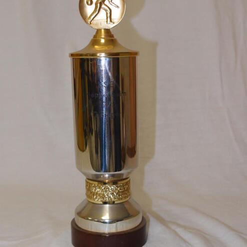 Glänzender Sporttrophy mit goldener Obenplatte und einer figurativen Darstellung eines Sportlers.