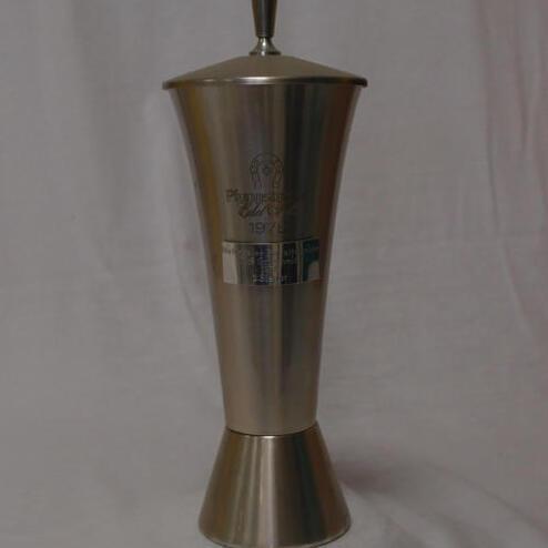 Silberner Pokal mit Deckel, graviert und auf einem weißen Hintergrund platziert.