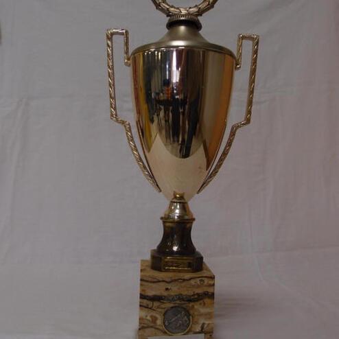 Großer goldfarbener Pokal mit verziertem Griff auf einem marmorierten Sockel, vor einem weißen Hintergrund.