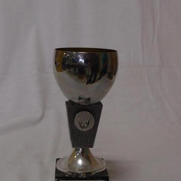 Silberner Pokal auf schwarzem Sockel, beschriftet mit "Hüteisen Pokal 1987 SKV Pfungstadt 3. Platz".