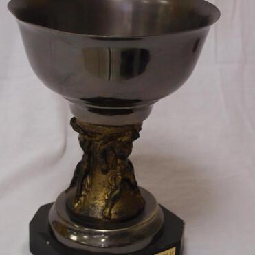 Silberner Pokal mit einem goldenen Sockel, beschriftet mit Siegen von 1992 bis 1994. Hintergrund in weiß.
