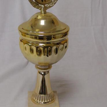 Goldfarbener Pokal mit Deckel und Lorbeerkranz, beschriftet mit „Heinerfestpokal 1997, Darmstädter Heiner e.V.“.