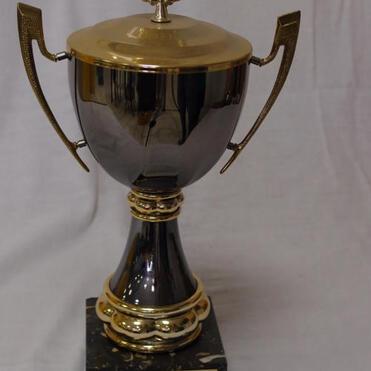 Trophäe mit goldenen Akzenten auf schwarzem Sockel, beschriftet mit „KVD CLUBMEISTER 1995“.