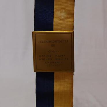 Goldene Medaille mit blauer und gelber Schleife, beschriftet mit „2. Stadtmannschaftsmeister 1989“ und Spielernamen.