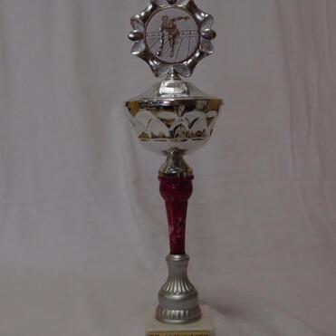 Pokale mit silbernem und rotem Sockel, beschriftet mit „SVS-Jubiläumsturnier, 2. Platz Senioren“.