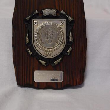 Holztafel mit einer runden Medaille in der Mitte, umrahmt von Verzierungen und einer gravierten Plakette darunter.