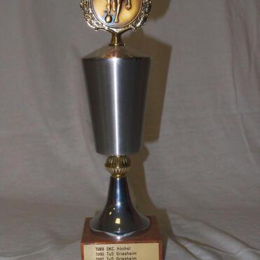 Troph&auml;e mit silbernem oberen Teil und goldenem Emblem, graviert mit den Gewinnjahren und Vereinsnamen.