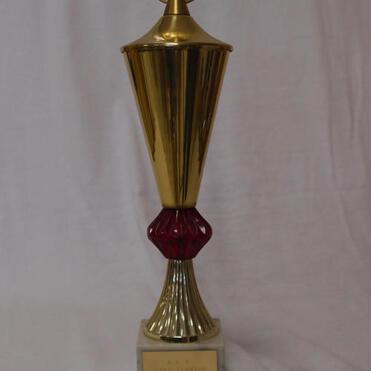 Goldener Pokal mit rotem Sockel und der Abbildung eines Athleten auf der Oberseite. Beschriftung an der Basis sichtbar.