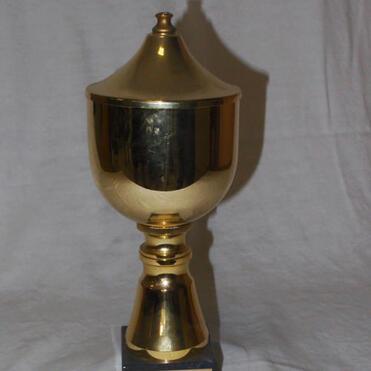 Goldener Pokal auf schwarzem Sockel vor grauem Hintergrund.