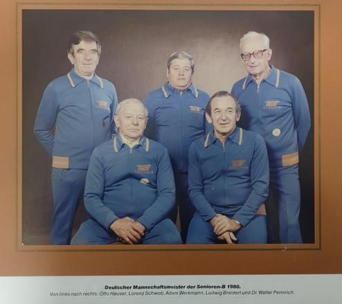 Gruppe von fünf Männern in blauen Trainingsanzügen, posierend vor einfarbigem Hintergrund, mit dem Titel „Deutscher Mannschaftsmeister 1980“.