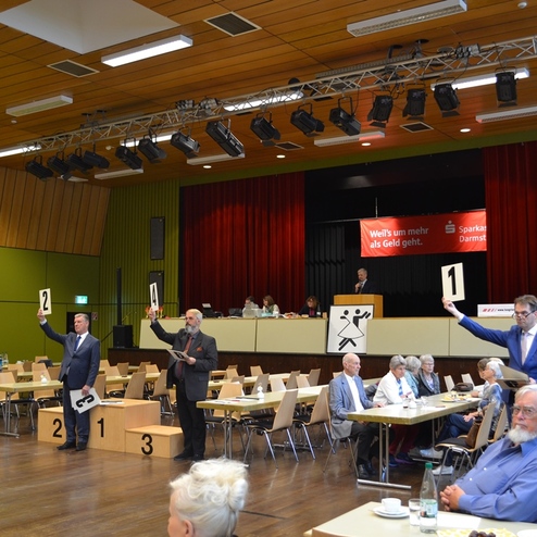 Mehrere Personen halten Schilder mit Zahlen in einem Veranstaltungsraum, w&auml;hrend im Hintergrund ein Podium sichtbar ist.