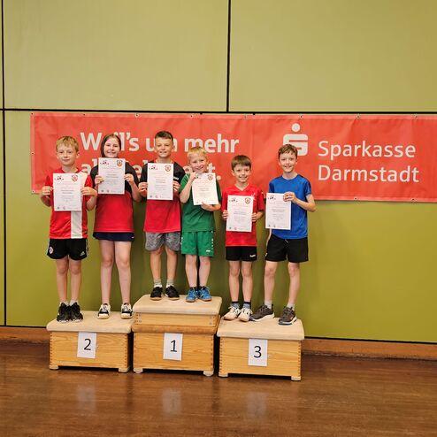 Sechs Kinder stehen auf einem Podest und halten Urkunden, vor einem Banner der Sparkasse Darmstadt.