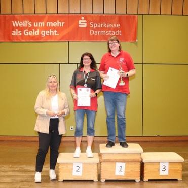 Drei Frauen auf dem Siegerpodest bei einer Preisverleihung, mit Urkunden und einem Pokal in der Hand.