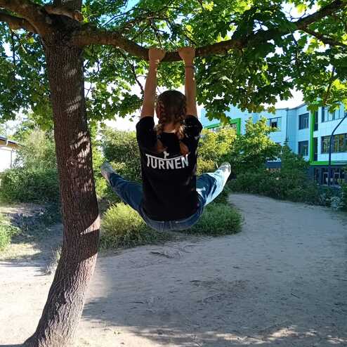 Kind hängt an einem Baum und übt Turnübungen unter grünen Blättern in einem sonnigen Garten.