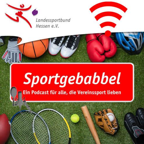 Logo des Landessportbunds Hessen e.V. und Titel „Sportgebabbel“ über einer Auswahl von Sportgeräten auf grünem Untergrund.
