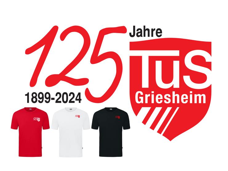 Logo für 125 Jahre TuS Griesheim mit drei T-Shirts in rot, weiß und schwarz, darunter Jahr 1899-2024.