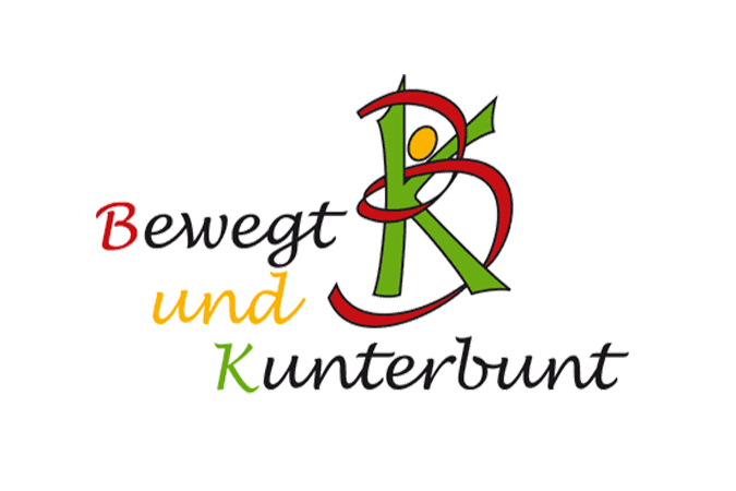 Logo mit den bunten Buchstaben „B“ für „Bewegt“ und „K“ für „Kunterbunt“, umgeben von farbigen Elementen.