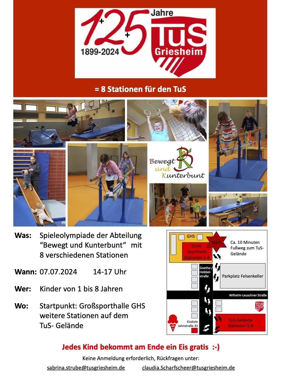 Plakat zur Spieleolympiade mit Kindern an verschiedenen Stationen in einer Sporthalle, eingeblendet mit Details zur Veranstaltung.