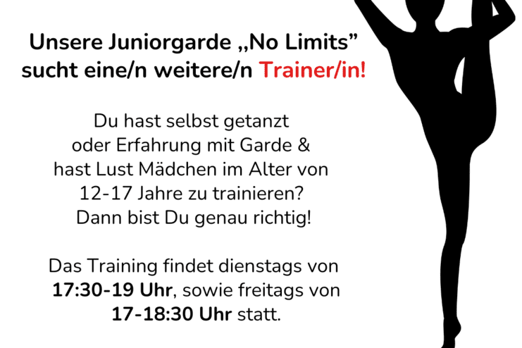 Plakat mit Aufforderung zur Trainer/Trainerin-Suche f&uuml;r eine Juniorgarde im Tanzsport mit Trainingszeiten und Kontaktdaten.
