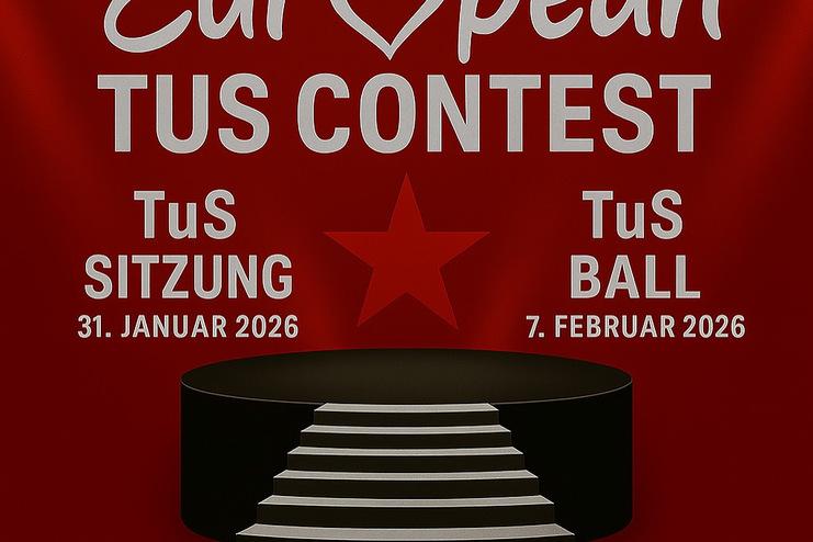 Plakat f&uuml;r den European TuS Contest mit Veranstaltungshinweisen in roter Hintergrundfarbe.