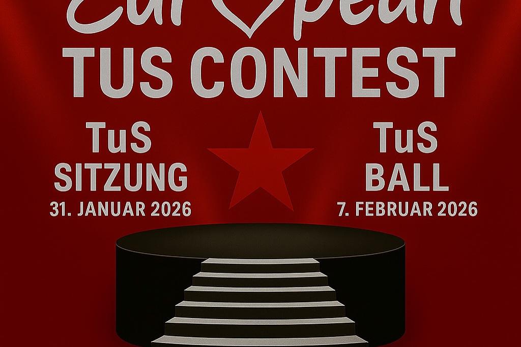 Plakat f&uuml;r den European TuS Contest mit Veranstaltungshinweisen in roter Hintergrundfarbe.