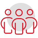 Symbolische Darstellung von drei stilisierten Personen in einem roten und schwarzen Design.