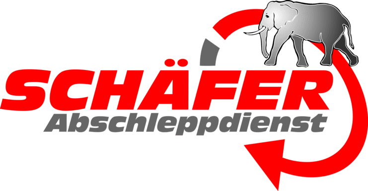 Logo von Schäfer Abschleppdienst mit grauem Elefanten und rotem Pfeil auf schwarzem Hintergrund.