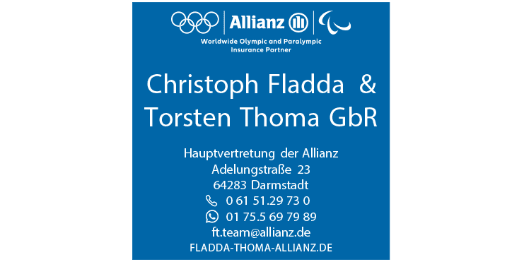 Blaues Informationsschild mit Allianz-Logo, Kontaktdaten und Adresse von Christoph Fladda & Torsten Thomas GbR in Darmstadt.