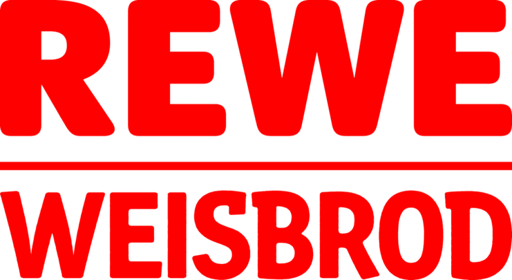 Logo der Supermarktkette Rewe mit dem Schriftzug "WEISSBROT" in roter Schrift auf schwarzem Hintergrund.