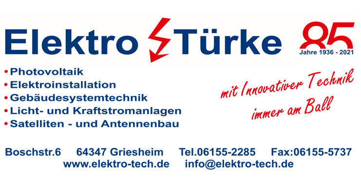 Logo von Elektro Türk mit dem Schriftzug "85 Jahre 1936 - 2021" in rot, blau und weiß.