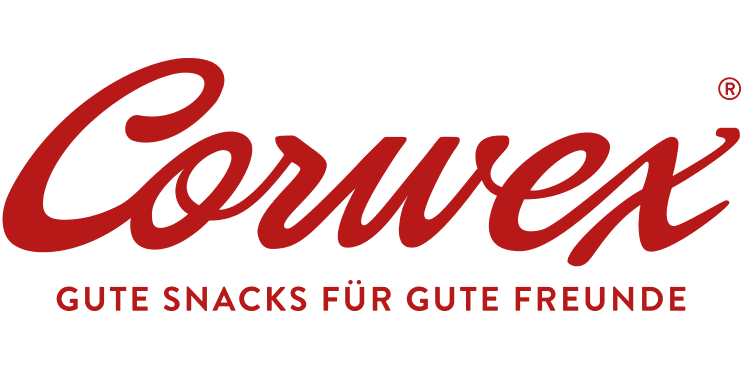 Logo von Corvex, mit dem Slogan „Gute Snacks für gute Freunde“ in roter Schrift auf schwarzem Hintergrund.