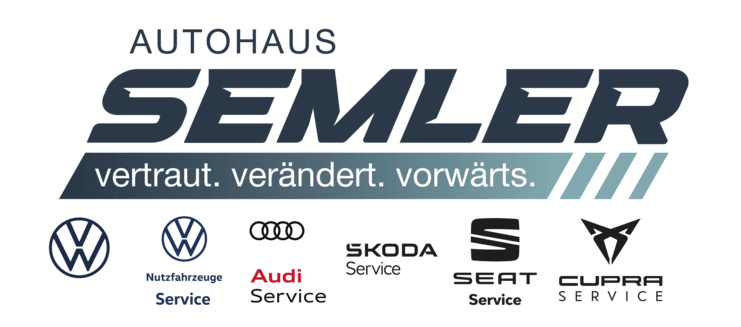 Logo des Autohauses Semler mit Slogan "vertraut. verändert. vorwärts." und Markenlogos von Volkswagen, Audi, Škoda, SEAT und Cupra.