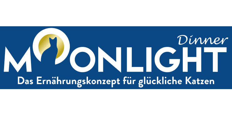 Logo von Moonlight Dinner mit dem Slogan „Das Ernährungskonzept für glückliche Katzen“ auf blauem Hintergrund.