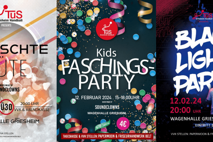 Drei Veranstaltungsplakate für Partys in der Wagenhalle Griesheim mit Titeln und Infos zu Eintritt und Datum.