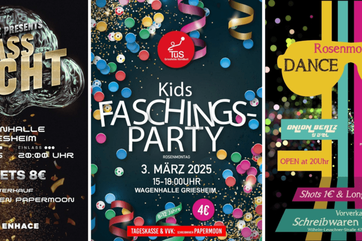 Drei Plakate für Veranstaltungen in der Wagenhalle Griesheim: Bassnacht, Kinderfaschings-Party und Rosenmontags-Dance-Party.
