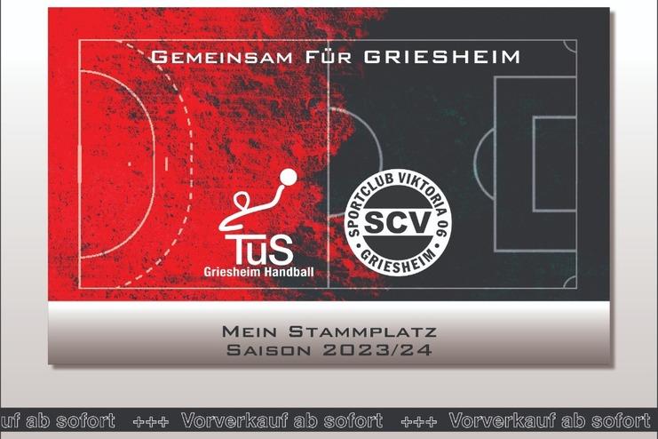 Kartenlayout für Handball mit rot-schwarzem Design, Logos von TuS Griesheim und SC Viktoria 06, Saison 2023/24.