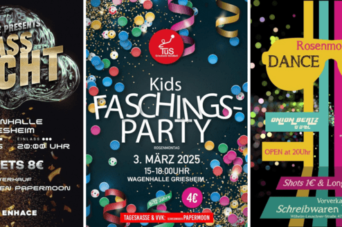 Drei Plakate für Veranstaltungen in der Wagenhalle Griesheim: Bassnacht, Kinderfaschings-Party und Rosenmontags-Dance-Party.