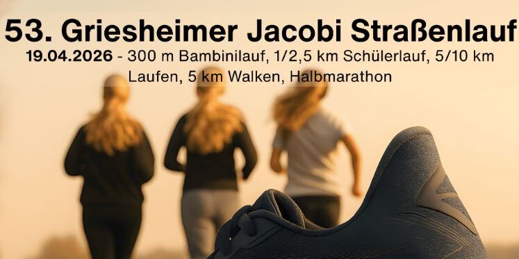 Laufschuh im Vordergrund mit l&auml;ufenden Personen im Hintergrund, Werbung f&uuml;r den 53. Griesheimer Jacobi Stra&szlig;enlauf.