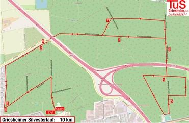 Karte des Griesheimer Silvesterlaufs über 10 km mit eingezeichnetem Streckenverlauf und Wegpunkten.