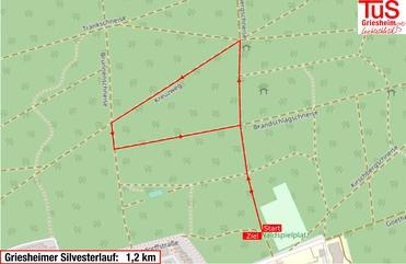 Karte des Griesheimer Silvesterlaufs mit eingezeichnetem 1,2 km Rundkurs, Start- und Zielpunkt hervorgehoben.